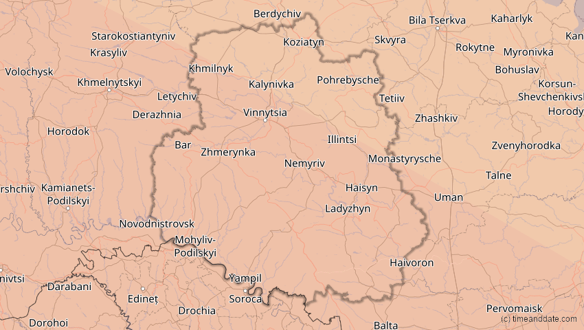 A map of Winnyzja, Ukraine, showing the path of the 3. Sep 2081 Totale Sonnenfinsternis