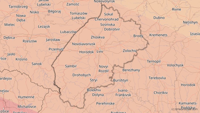 A map of Lwiw, Ukraine, showing the path of the 3. Sep 2081 Totale Sonnenfinsternis