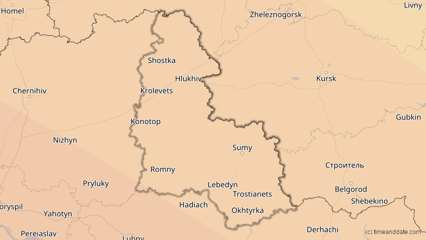 A map of Sumy, Ukraine, showing the path of the 3. Sep 2081 Totale Sonnenfinsternis