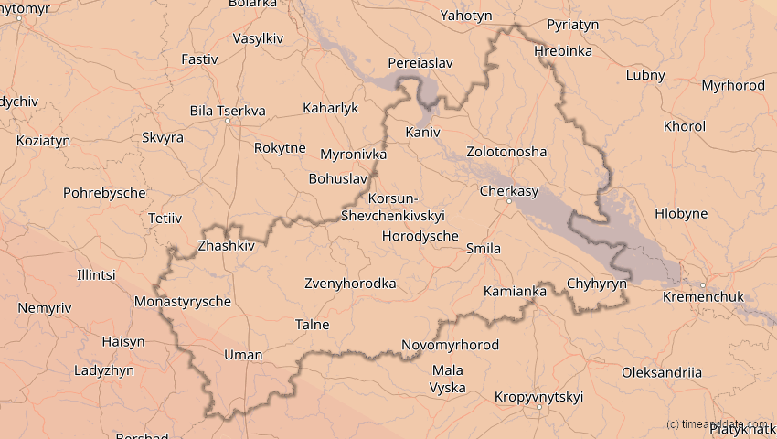 A map of Tscherkassy, Ukraine, showing the path of the 3. Sep 2081 Totale Sonnenfinsternis