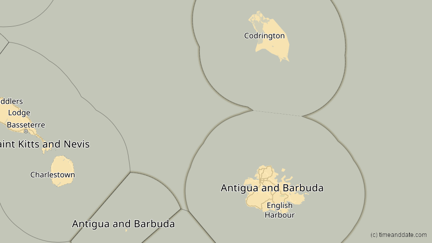 A map of Antigua und Barbuda, showing the path of the 27. Feb 2082 Ringförmige Sonnenfinsternis