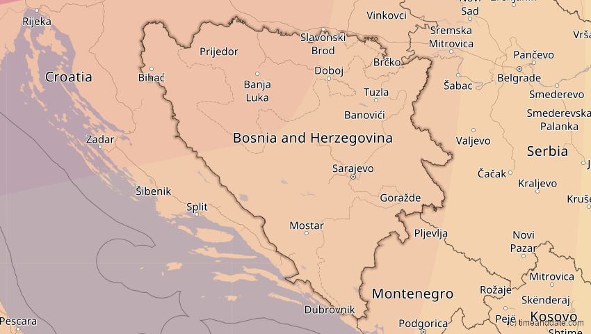 A map of Bosnien und Herzegowina, showing the path of the 27. Feb 2082 Ringförmige Sonnenfinsternis