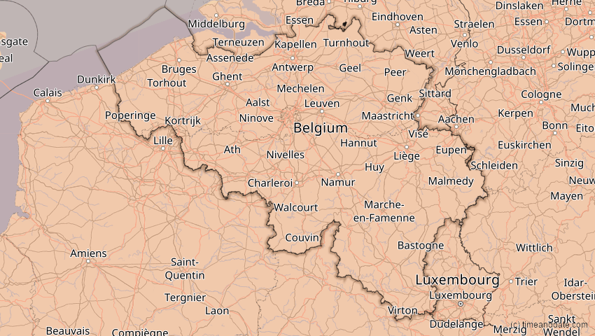A map of Belgien, showing the path of the 27. Feb 2082 Ringförmige Sonnenfinsternis