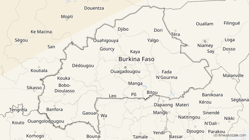 A map of Burkina Faso, showing the path of the 27. Feb 2082 Ringförmige Sonnenfinsternis