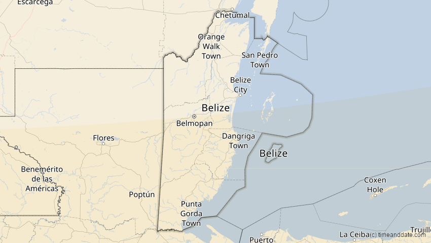 A map of Belize, showing the path of the 27. Feb 2082 Ringförmige Sonnenfinsternis