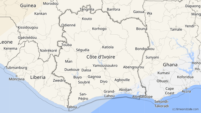 A map of Elfenbeinküste (Côte d'Ivoire), showing the path of the 27. Feb 2082 Ringförmige Sonnenfinsternis