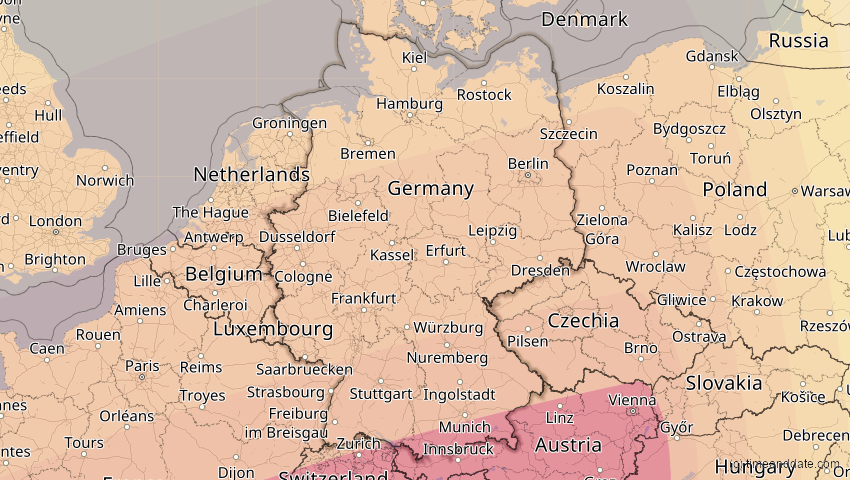 A map of Deutschland, showing the path of the 27. Feb 2082 Ringförmige Sonnenfinsternis