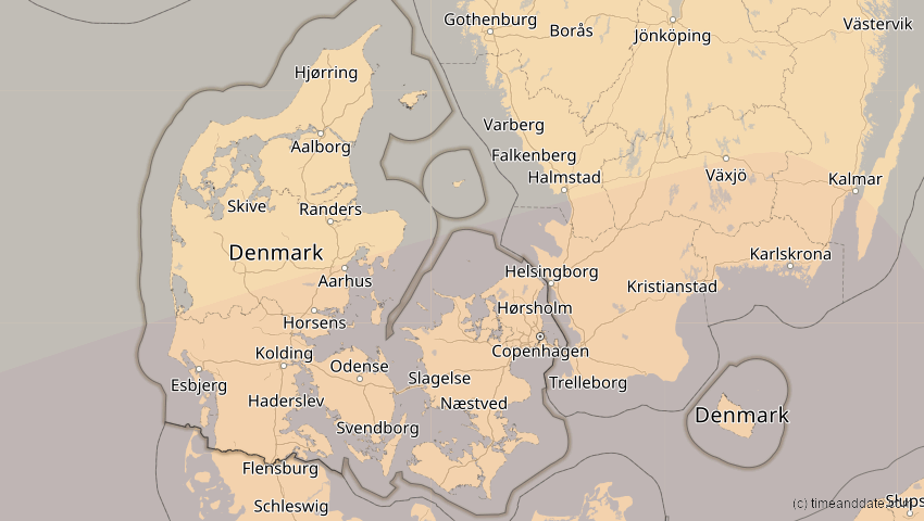 A map of Dänemark, showing the path of the 27. Feb 2082 Ringförmige Sonnenfinsternis