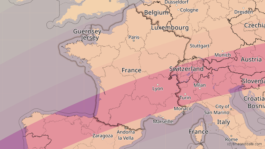 A map of Frankreich, showing the path of the 27. Feb 2082 Ringförmige Sonnenfinsternis