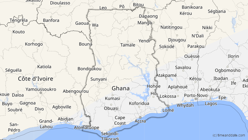 A map of Ghana, showing the path of the 27. Feb 2082 Ringförmige Sonnenfinsternis