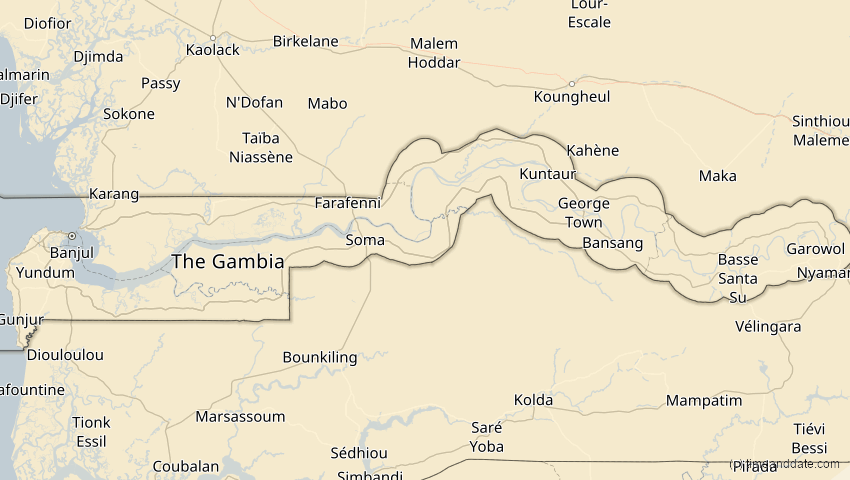 A map of Gambia, showing the path of the 27. Feb 2082 Ringförmige Sonnenfinsternis
