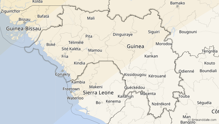 A map of Guinea, showing the path of the 27. Feb 2082 Ringförmige Sonnenfinsternis