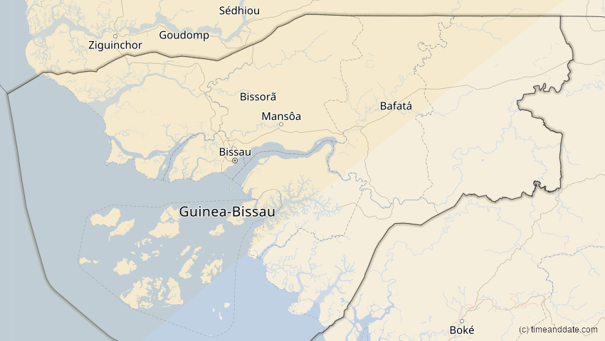 A map of Guinea-Bissau, showing the path of the 27. Feb 2082 Ringförmige Sonnenfinsternis