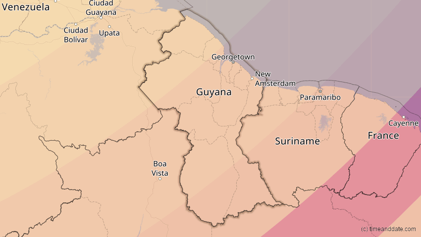 A map of Guyana, showing the path of the 27. Feb 2082 Ringförmige Sonnenfinsternis