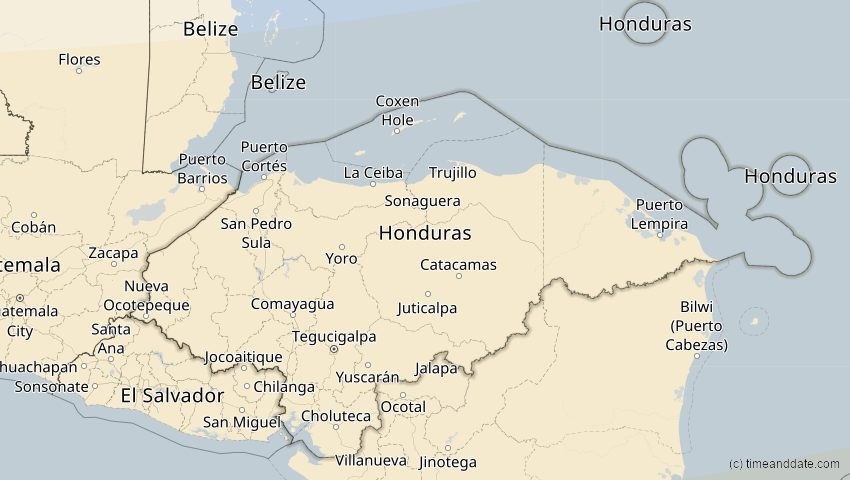 A map of Honduras, showing the path of the 27. Feb 2082 Ringförmige Sonnenfinsternis