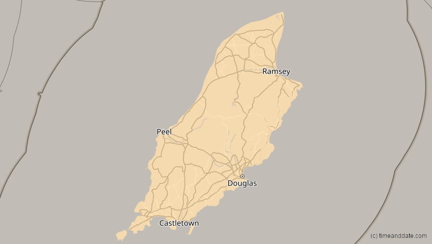 A map of Isle of Man, showing the path of the 27. Feb 2082 Ringförmige Sonnenfinsternis