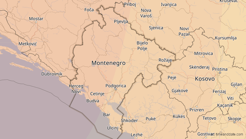 A map of Montenegro, showing the path of the 27. Feb 2082 Ringförmige Sonnenfinsternis