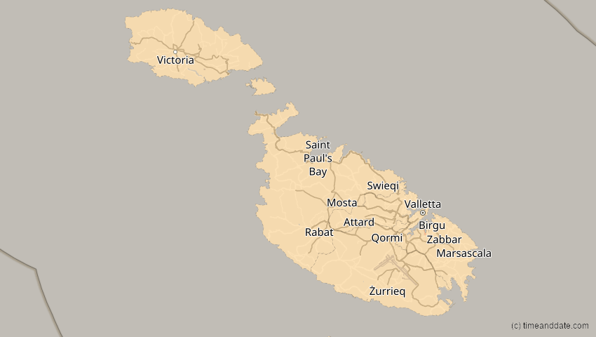 A map of Malta, showing the path of the 27. Feb 2082 Ringförmige Sonnenfinsternis