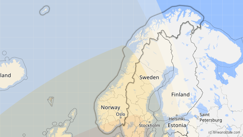 A map of Norwegen, showing the path of the 27. Feb 2082 Ringförmige Sonnenfinsternis