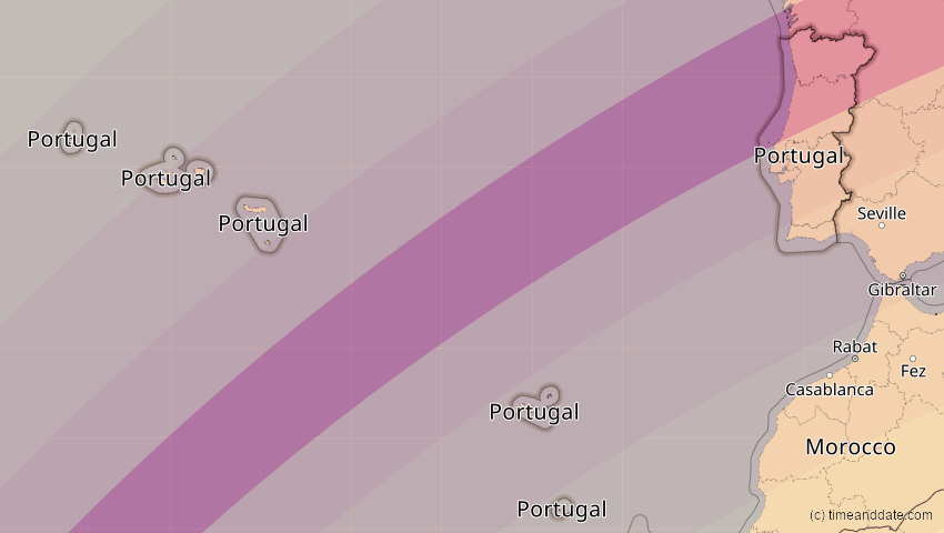 A map of Portugal, showing the path of the 27. Feb 2082 Ringförmige Sonnenfinsternis