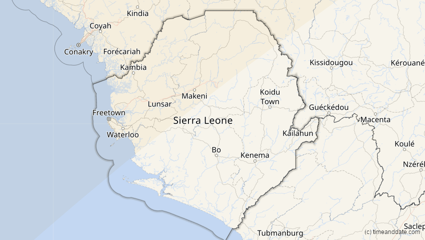 A map of Sierra Leone, showing the path of the 27. Feb 2082 Ringförmige Sonnenfinsternis