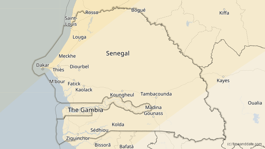 A map of Senegal, showing the path of the 27. Feb 2082 Ringförmige Sonnenfinsternis