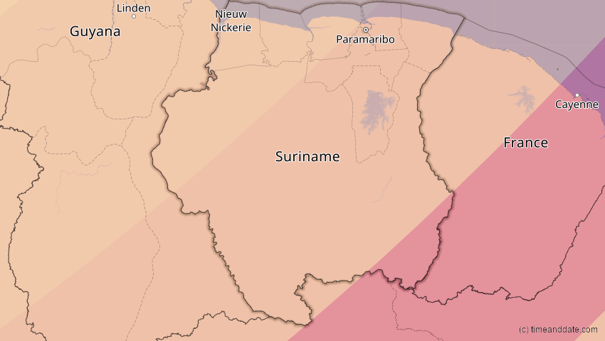 A map of Suriname, showing the path of the 27. Feb 2082 Ringförmige Sonnenfinsternis