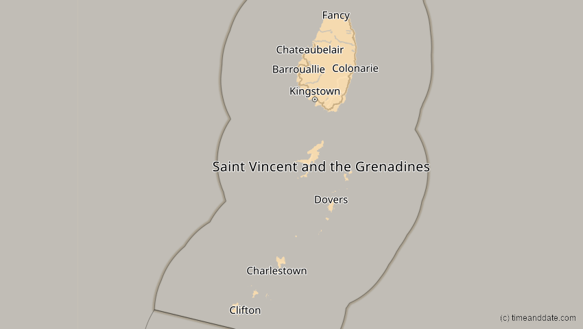 A map of St. Vincent und die Grenadinen, showing the path of the 27. Feb 2082 Ringförmige Sonnenfinsternis