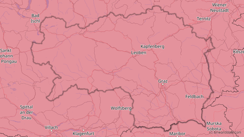A map of Steiermark, Österreich, showing the path of the 27. Feb 2082 Ringförmige Sonnenfinsternis