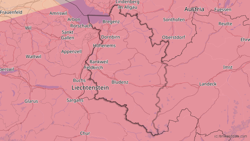 A map of Vorarlberg, Österreich, showing the path of the 27. Feb 2082 Ringförmige Sonnenfinsternis