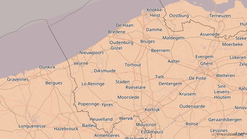 A map of Westflandern, Belgien, showing the path of the 27. Feb 2082 Ringförmige Sonnenfinsternis