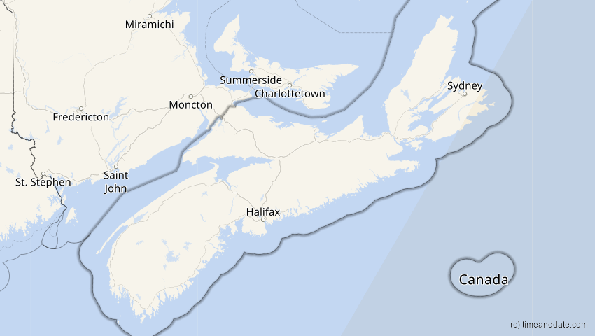 A map of Nova Scotia, Kanada, showing the path of the 27. Feb 2082 Ringförmige Sonnenfinsternis