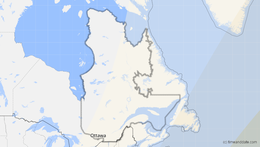 A map of Québec, Kanada, showing the path of the 27. Feb 2082 Ringförmige Sonnenfinsternis