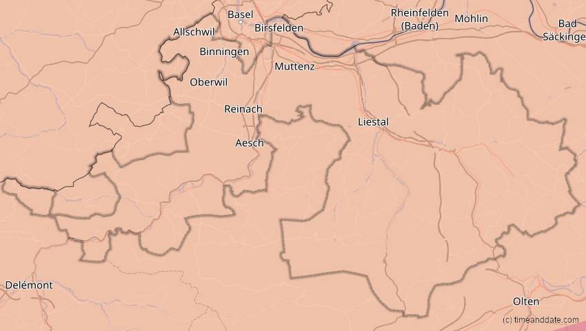 A map of Basel-Landschaft, Schweiz, showing the path of the 27. Feb 2082 Ringförmige Sonnenfinsternis