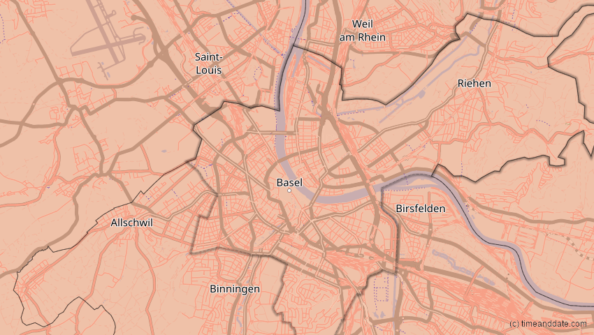 A map of Basel-Stadt, Schweiz, showing the path of the 27. Feb 2082 Ringförmige Sonnenfinsternis