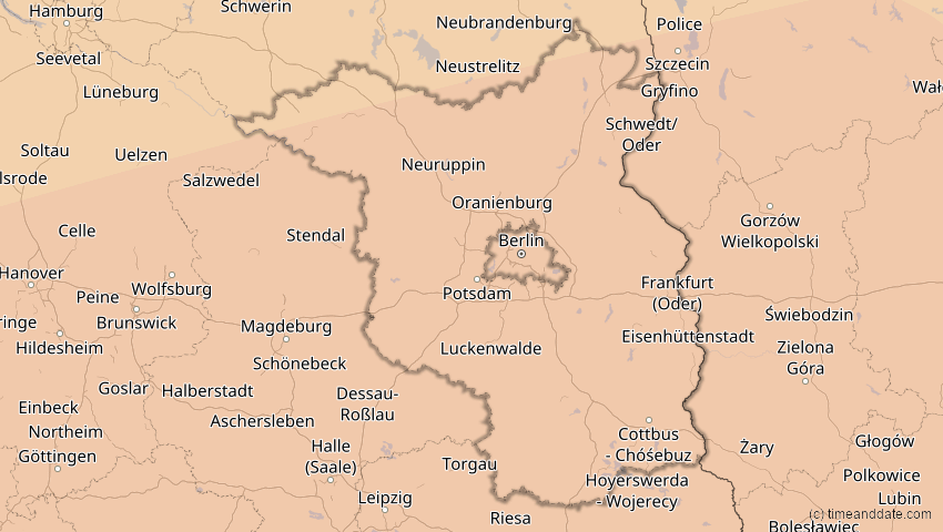 A map of Brandenburg, Deutschland, showing the path of the 27. Feb 2082 Ringförmige Sonnenfinsternis