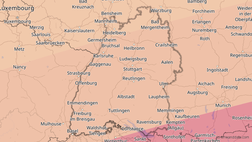 A map of Baden-Württemberg, Deutschland, showing the path of the 27. Feb 2082 Ringförmige Sonnenfinsternis