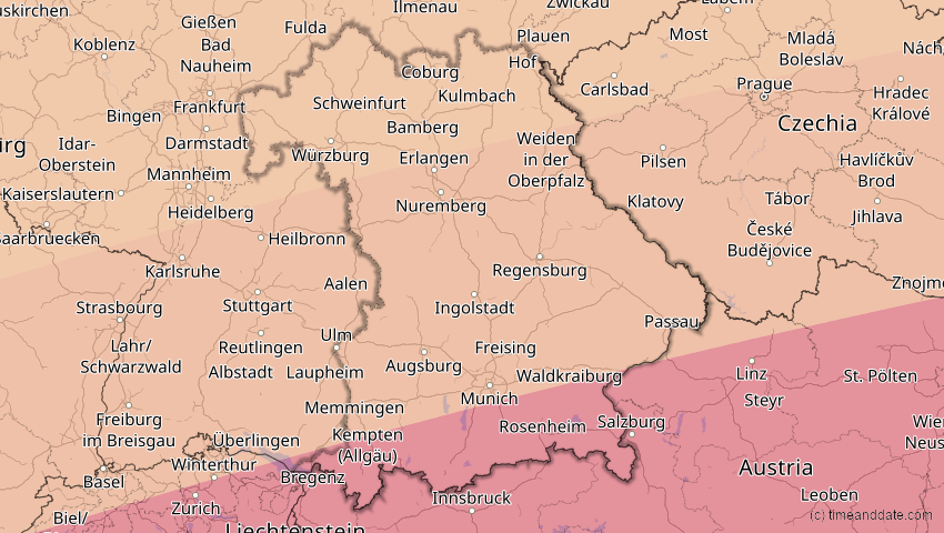 A map of Bayern, Deutschland, showing the path of the 27. Feb 2082 Ringförmige Sonnenfinsternis
