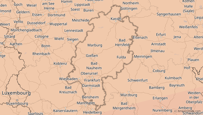 A map of Hessen, Deutschland, showing the path of the 27. Feb 2082 Ringförmige Sonnenfinsternis