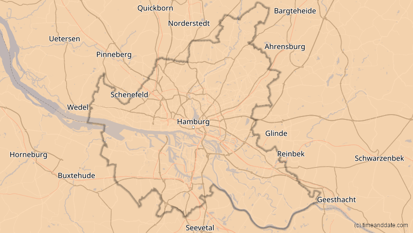 A map of Hamburg, Deutschland, showing the path of the 27. Feb 2082 Ringförmige Sonnenfinsternis