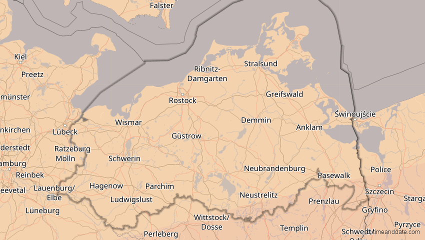 A map of Mecklenburg-Vorpommern, Deutschland, showing the path of the 27. Feb 2082 Ringförmige Sonnenfinsternis