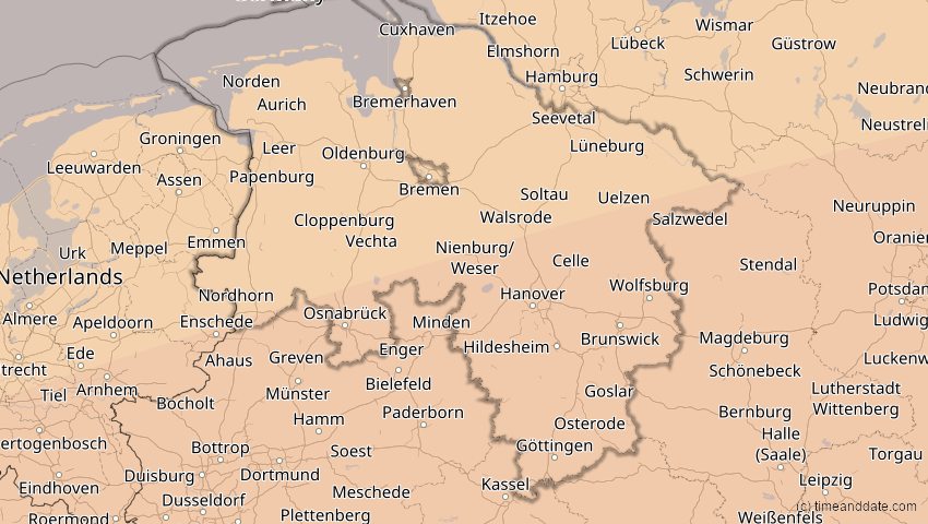 A map of Niedersachsen, Deutschland, showing the path of the 27. Feb 2082 Ringförmige Sonnenfinsternis