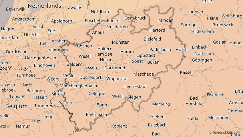 A map of Nordrhein-Westfalen, Deutschland, showing the path of the 27. Feb 2082 Ringförmige Sonnenfinsternis