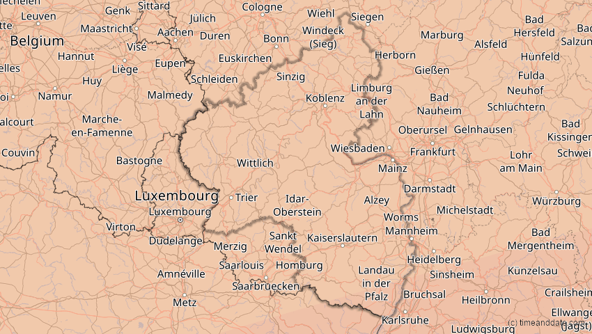 A map of Rheinland-Pfalz, Deutschland, showing the path of the 27. Feb 2082 Ringförmige Sonnenfinsternis