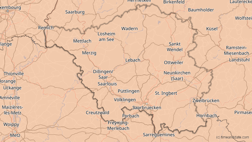 A map of Saarland, Deutschland, showing the path of the 27. Feb 2082 Ringförmige Sonnenfinsternis