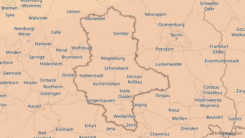 A map of Sachsen-Anhalt, Deutschland, showing the path of the 27. Feb 2082 Ringförmige Sonnenfinsternis