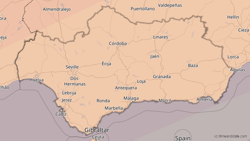 A map of Andalusien, Spanien, showing the path of the 27. Feb 2082 Ringförmige Sonnenfinsternis