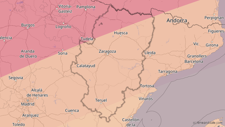 A map of Aragonien, Spanien, showing the path of the 27. Feb 2082 Ringförmige Sonnenfinsternis