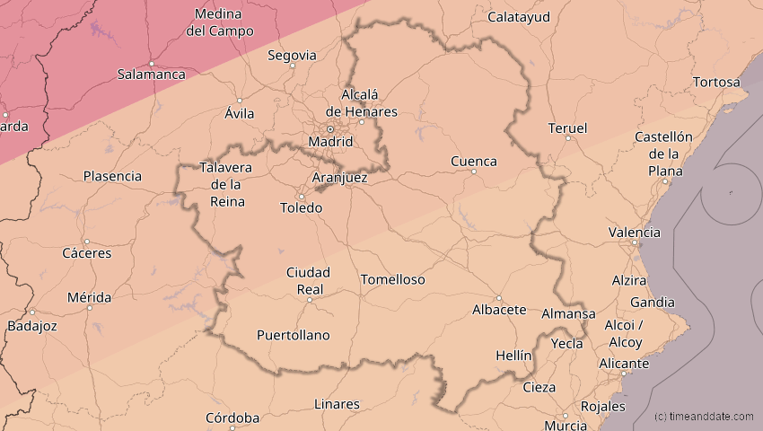 A map of Kastilien-La Mancha, Spanien, showing the path of the 27. Feb 2082 Ringförmige Sonnenfinsternis