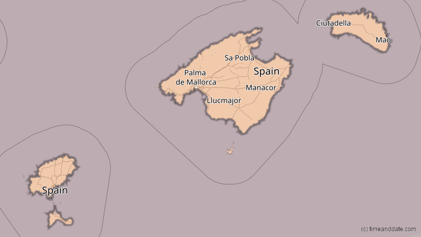 A map of Balearische Inseln, Spanien, showing the path of the 27. Feb 2082 Ringförmige Sonnenfinsternis